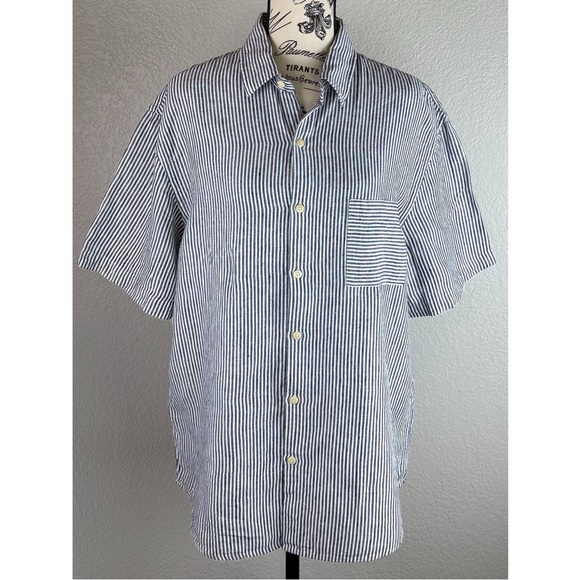 Alex Crane Men's Ola Linen Stripped Short-Sleeve Button-Down Shirt Blue/White XL - Picture 7 of 13